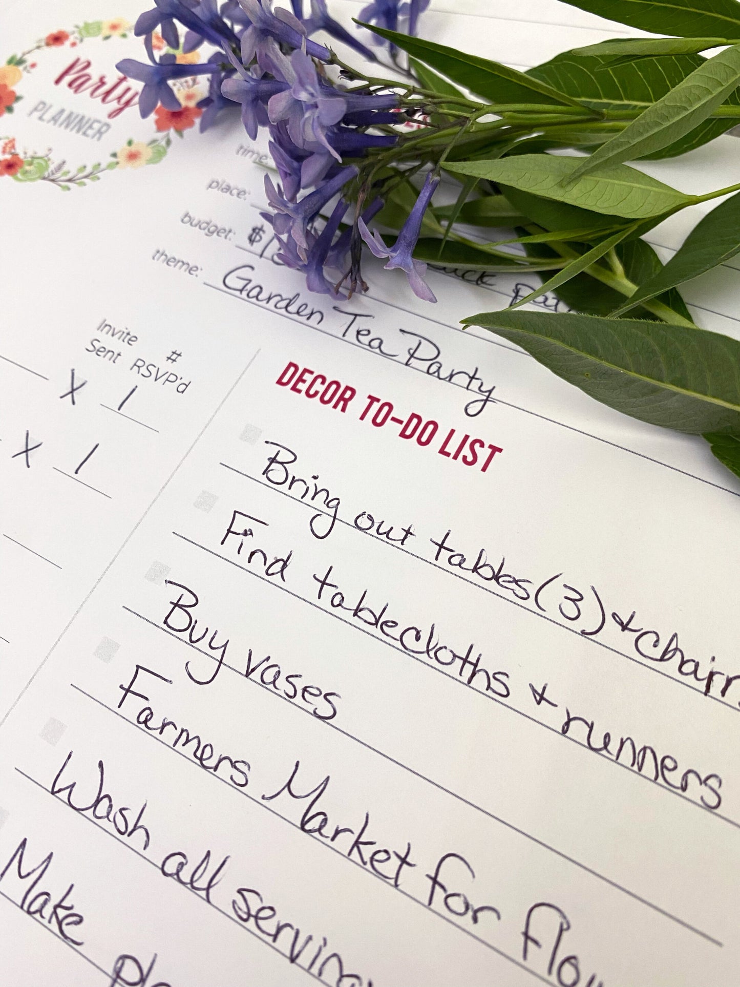 A planning page from the Party Planning Pages PDF is shown with the decor to-do list filled out